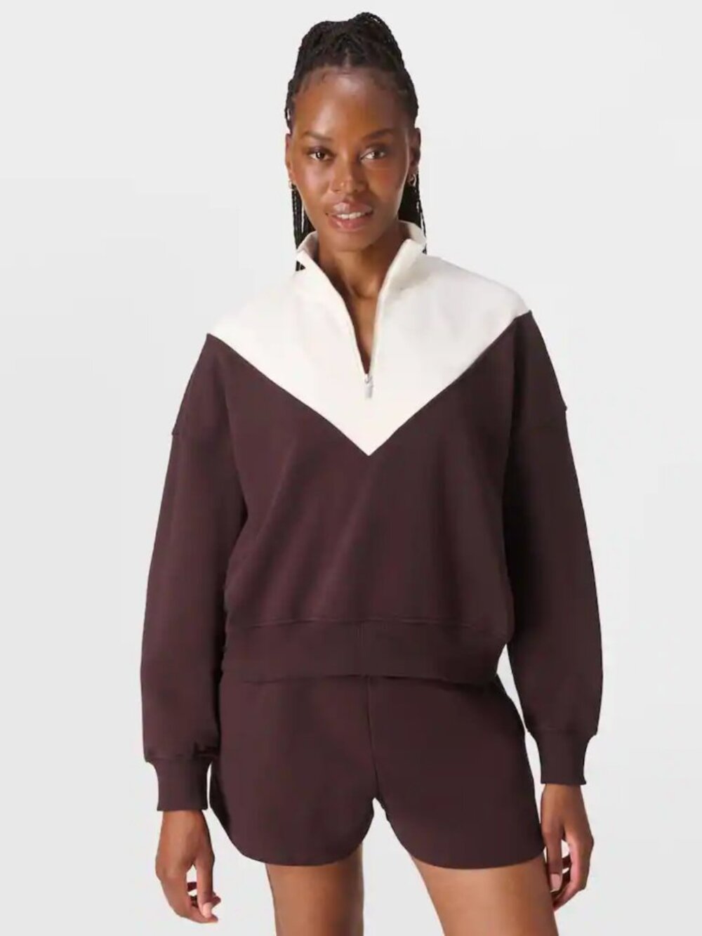 NWT Sweaty Betty Revive Crop Half Zip Sable Brown & Lilly White Mock Neck S/M
